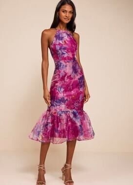 Lulus Admirable Essence Magenta Floral Organza Trumpet Midi Dress M
